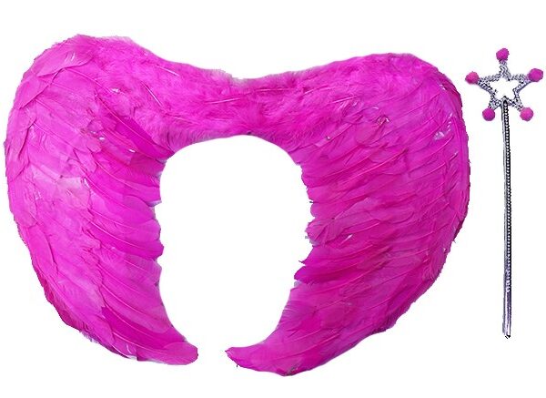 Gerçek Tüylü Katlanabilir Çocuk Pembe Melek Kanadı ve Asa Seti 40x55 cm
