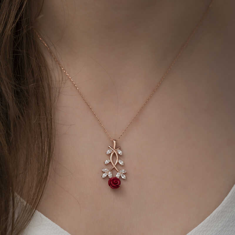 925 Ayar Gümüş Rose Kırmızı Gül Gümüş Kolye