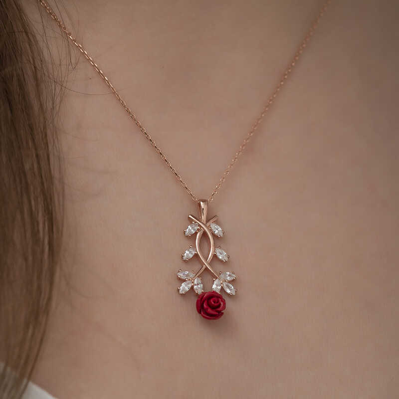 925 Ayar Gümüş Rose Kırmızı Gül Gümüş Kolye