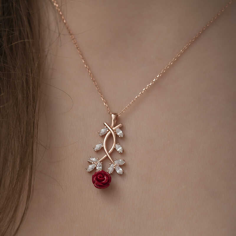 925 Ayar Gümüş Rose Kırmızı Gül Gümüş Kolye